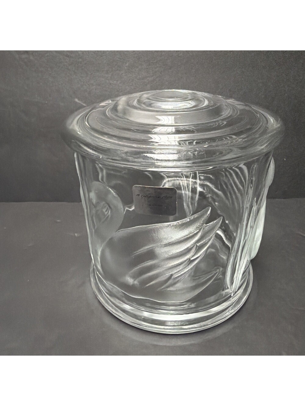 VTG Teleflora Lidded Glass Jar Frosted Swan Cattail Willow Design Made In France